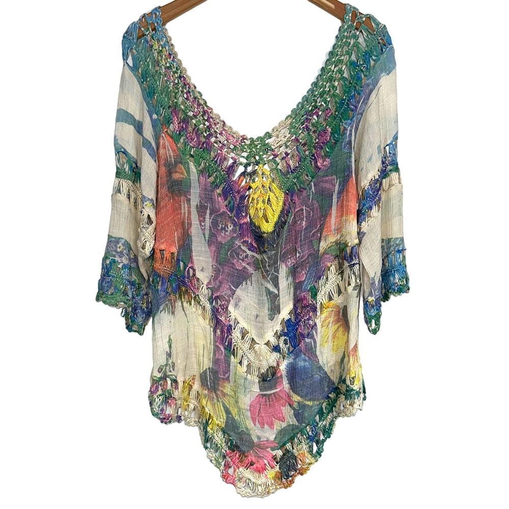 Adore Boho Hippie Colorful Abstract Floral Crochet Festival Top Size Large - Picture 11 of 13
